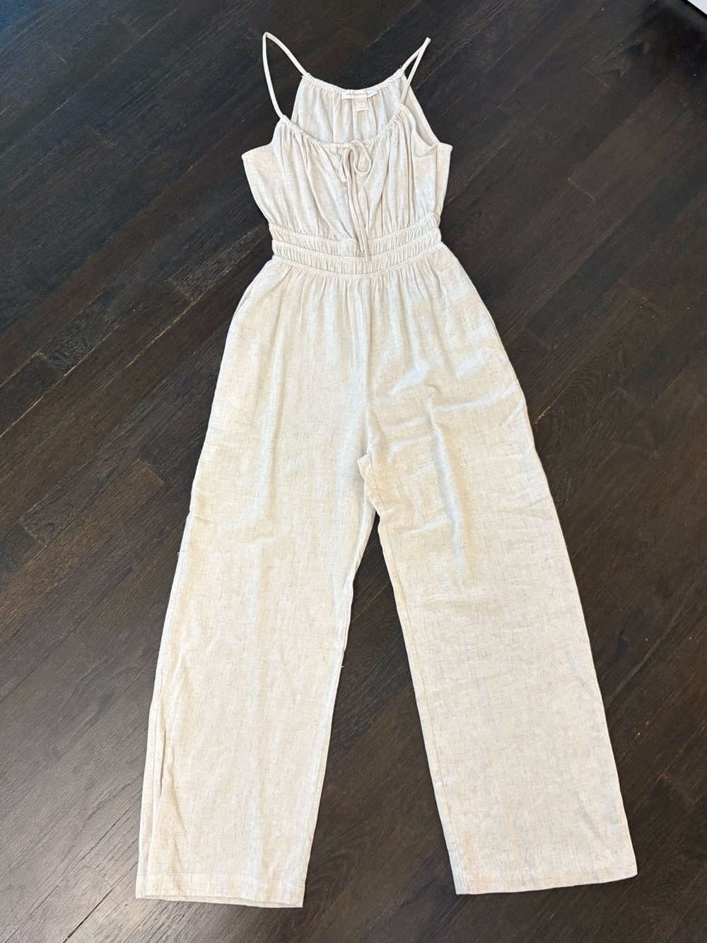 Women's Natural Linen Wide-Leg Jumpsuit with Smocked Waist
